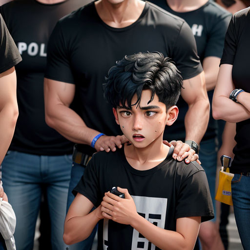 a group of people standing next to each other in a crowd of people wearing black shirts and blue jeans