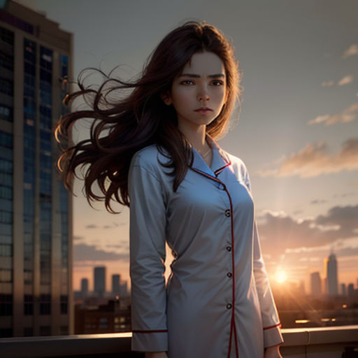 a woman standing on a balcony with her hair blowing in the wind in front of a city skyline at sunset