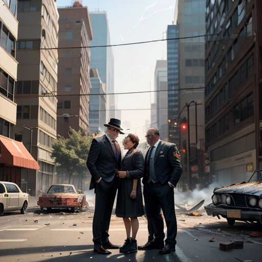 three people standing in the middle of a city street with a car in the background and a building in the background