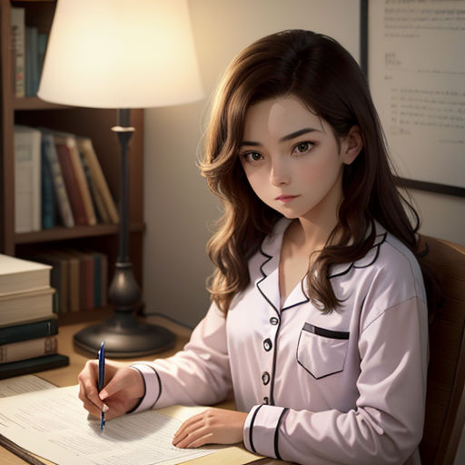 a woman sitting at a desk writing on a piece of paper with a pen in her hand and a lamp on the side