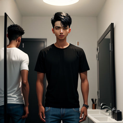 a man standing in a bathroom next to a sink and mirror with a light on above it and another man standing in the mirror
