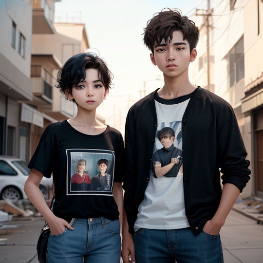 a couple of people standing next to each other on a street with buildings in the background and a car parked on the side of the road