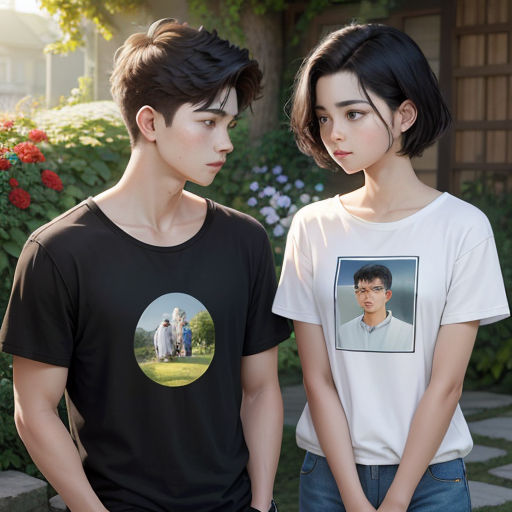 a couple of people standing next to each other in front of a house with flowers and bushes behind them