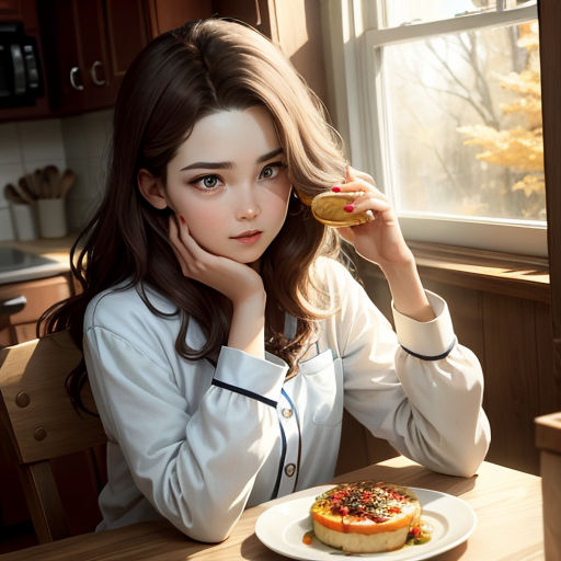 a woman sitting at a table with a plate of food in front of her and a window behind her