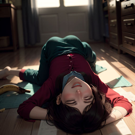 a woman laying on the floor with a banana in her hand and a book in her other hand, with a door in the background
