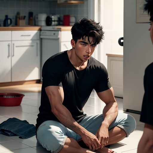 a man sitting on the floor in a kitchen next to a woman in a black shirt and blue pants