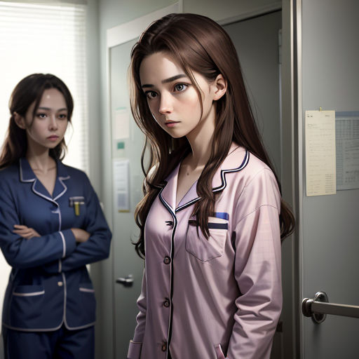 two women in pajamas standing in a room with a door open and one woman standing in the doorway looking at the camera
