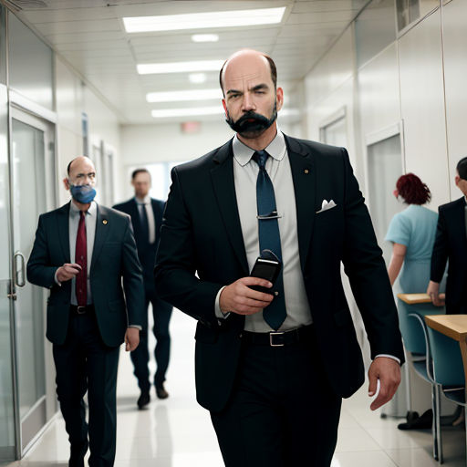 a man in a suit and tie walking down a hallway with a cell phone in his hand and a man in a suit and tie with a face mask on his cell phone