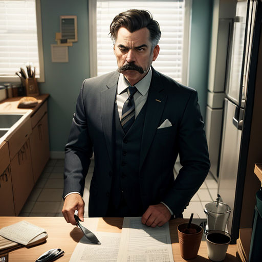 a man in a suit is standing at a table with a knife and fork in his hand and a menu in front of him