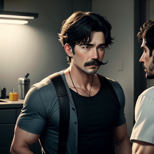 a man with a mustache and a moustache is talking to another man in a kitchen area with a sink and counter