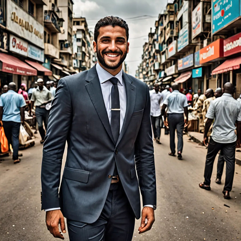 a man in a suit and tie walking down a street in a crowded city area with people walking around, afrofuturism, a character portrait, Farid Mansour, promotional image