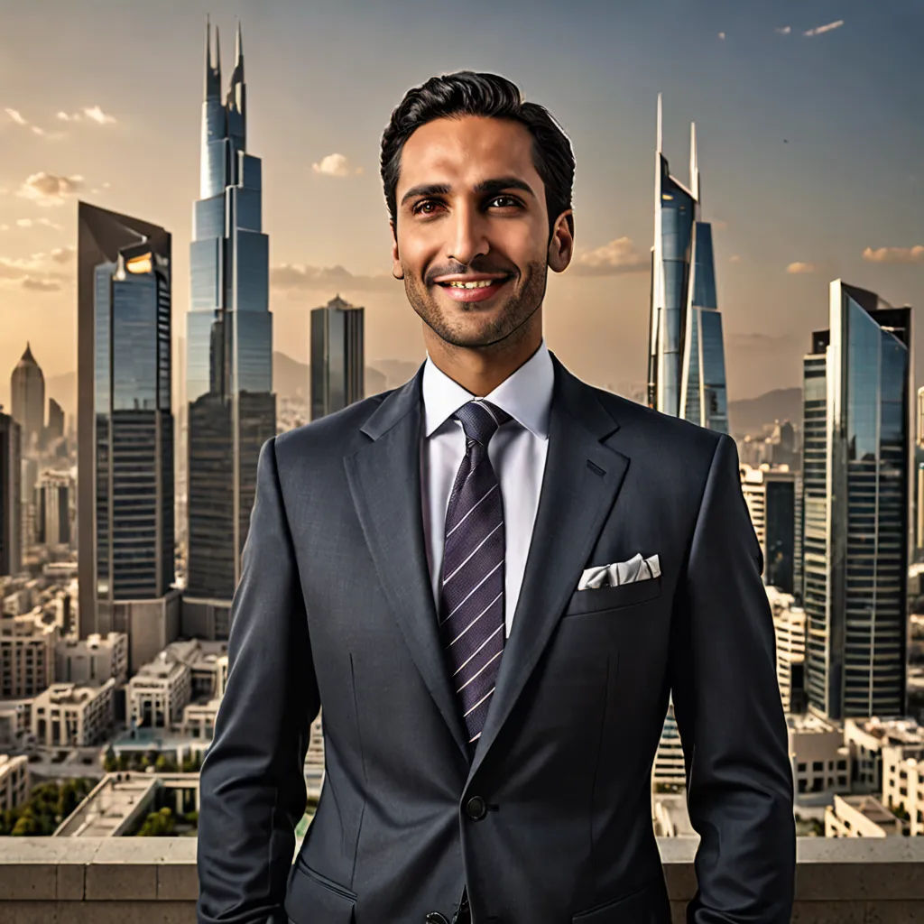 a man in a suit standing in front of a city skyline with skyscrapers in the background, wearing a tie, neoism, a character portrait, Ahmed Karahisari, professional photo