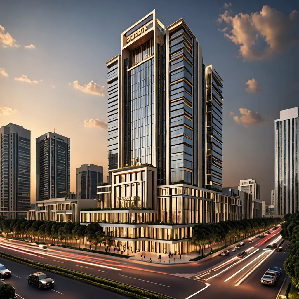 a large building with a lot of windows on it's side in a city at dusk with cars driving by, hurufiyya, a digital rendering, Cao Zhibai, vray render