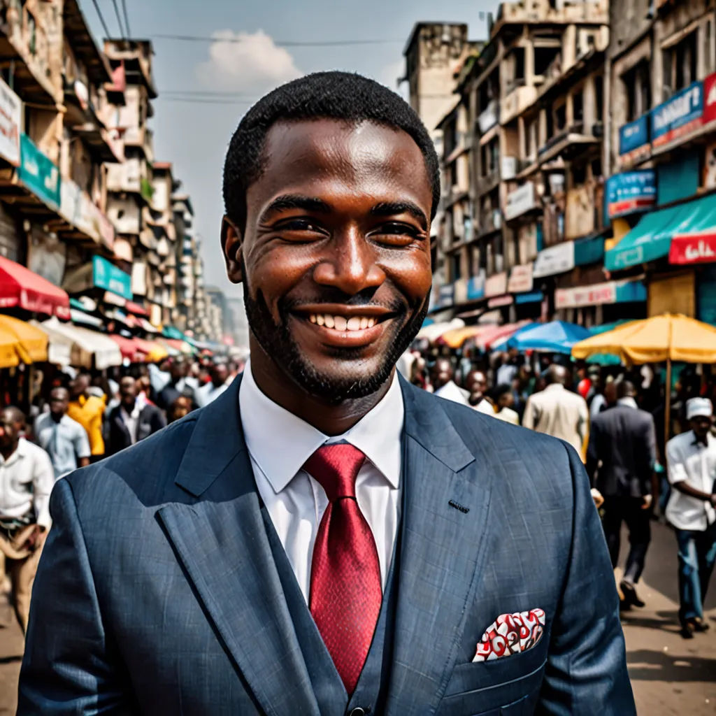 a man in a suit and tie standing in a crowded street with buildings in the background and people walking around, afrofuturism, a stock photo, Ben Enwonwu, portrait photography