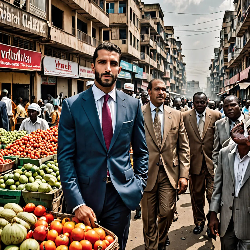a man in a suit and tie standing in front of a fruit stand in a city street with other men, afrofuturism, a colorized photo, Farid Mansour, elite