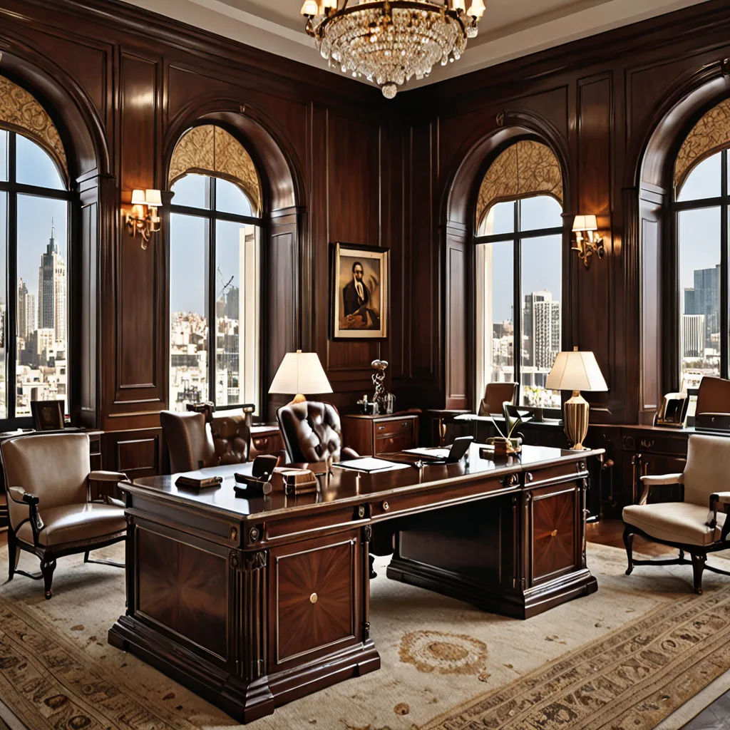 a large office with a desk and chairs in it with a view of the city outside the window and a chandelier, arts and crafts movement, a digital rendering, Enguerrand Quarton, rembrandt lighting