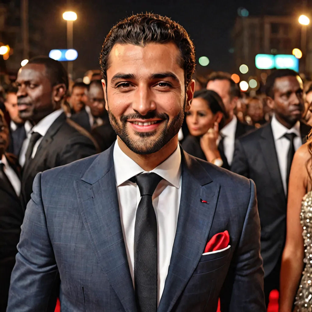 a man in a suit and tie standing in front of a crowd of people at a red carpet event, neoism, egyptian art, Farid Mansour, promotional image