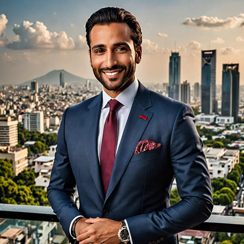 a man in a suit and tie standing in front of a cityscape with a sky background and clouds, private press, a character portrait, Ahmed Karahisari, jayison devadas