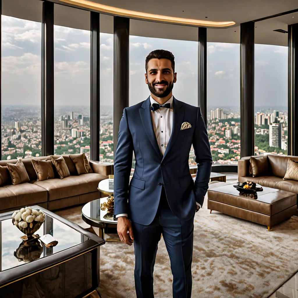 a man in a suit standing in a living room with a view of the city below him and a coffee table, maximalism, a character portrait, Antônio Parreiras, david lazar