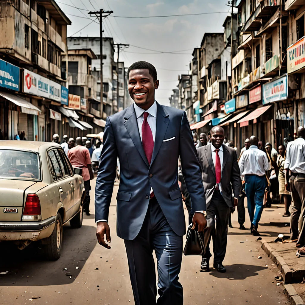 a man in a suit walking down a street in a city with cars and people walking around him and a car parked on the side of the road, les nabis, a picture, Bruce Onobrakpeya, award-winning photograph