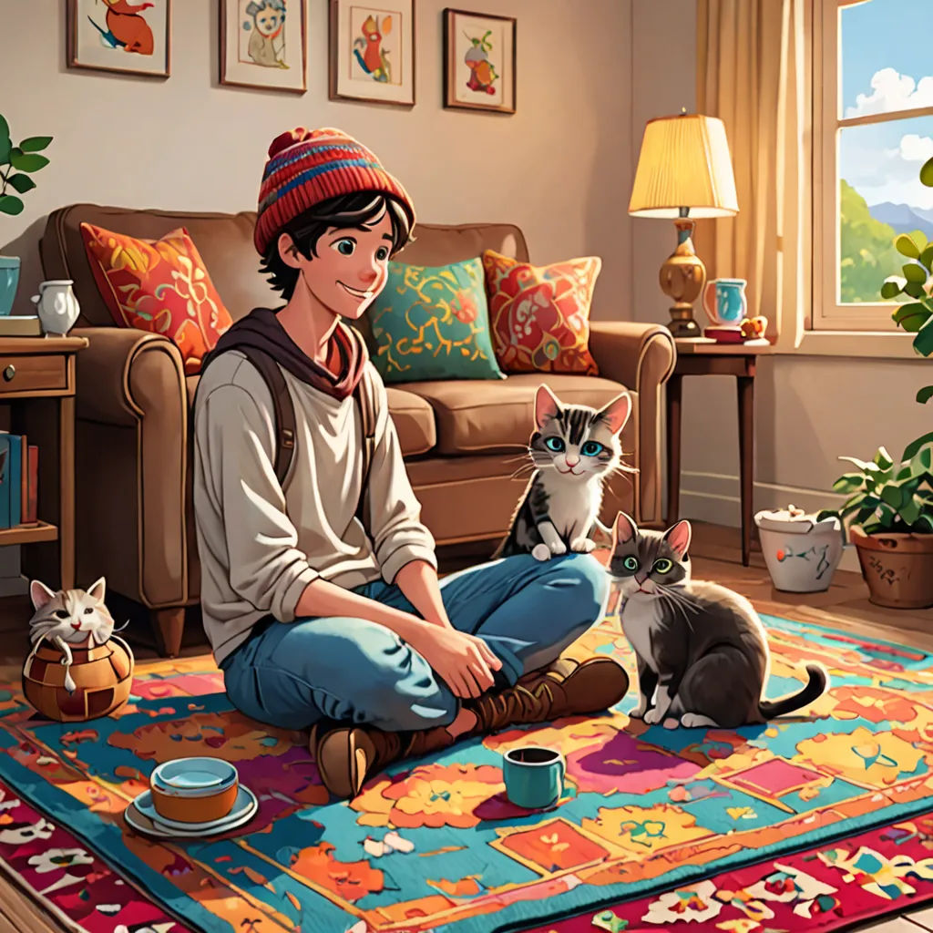 a boy sitting on a rug with two cats and a coffee cup in front of him and a cat sitting on the floor, serial art, a storybook illustration, Aaron Jasinski, official art