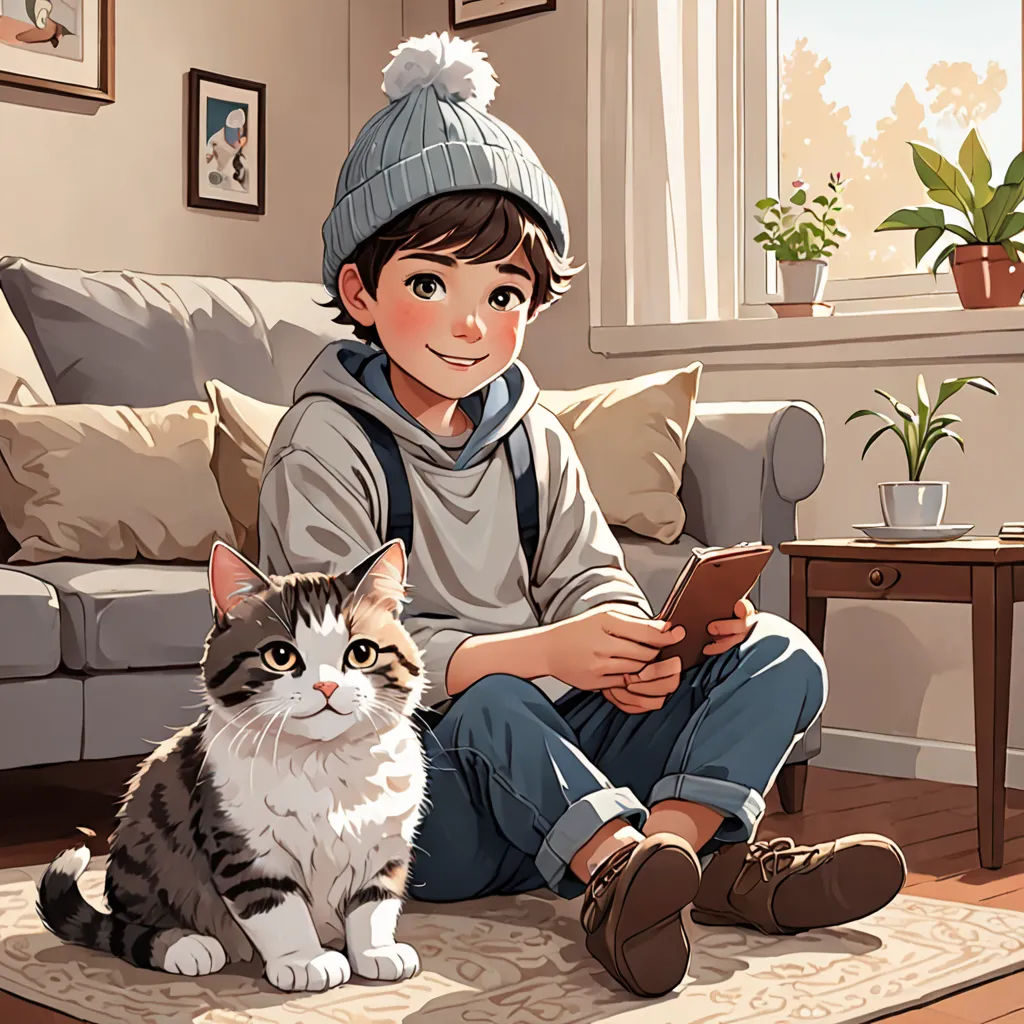 a boy sitting on the floor next to a cat and a tablet computer with a cat sitting on the floor, furry art, a storybook illustration, Atey Ghailan, storybook illustration
