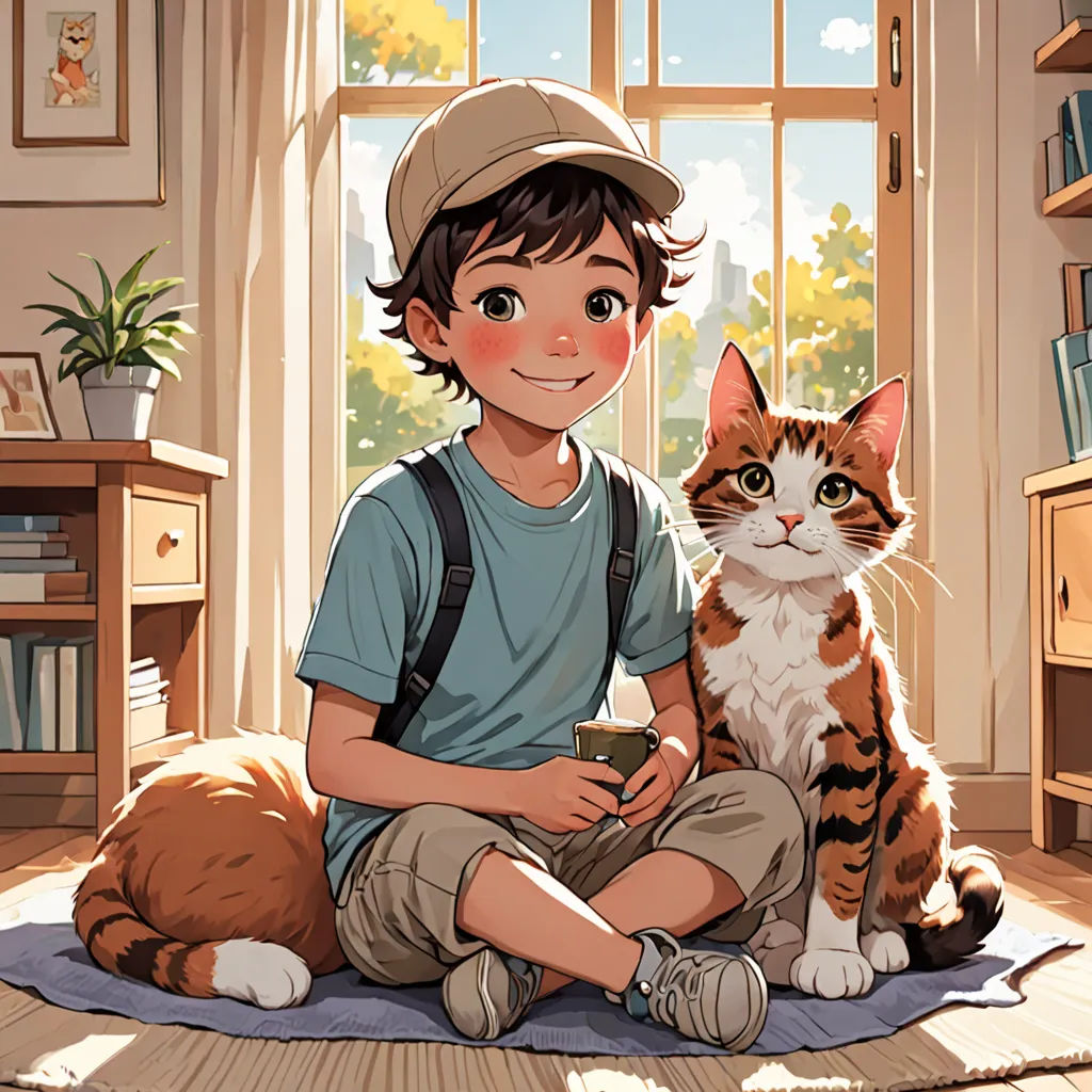 a boy sitting on the floor with a cat in front of him and a cat behind him, looking at the camera, furry art, a storybook illustration, Diego Gisbert Llorens, rossdraws global illumination