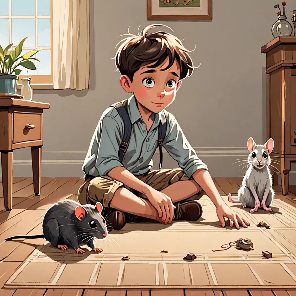 a boy sitting on the floor with two mice in front of him and a rat in the middle of the floor, sots art, a storybook illustration, Diego Gisbert Llorens, official art