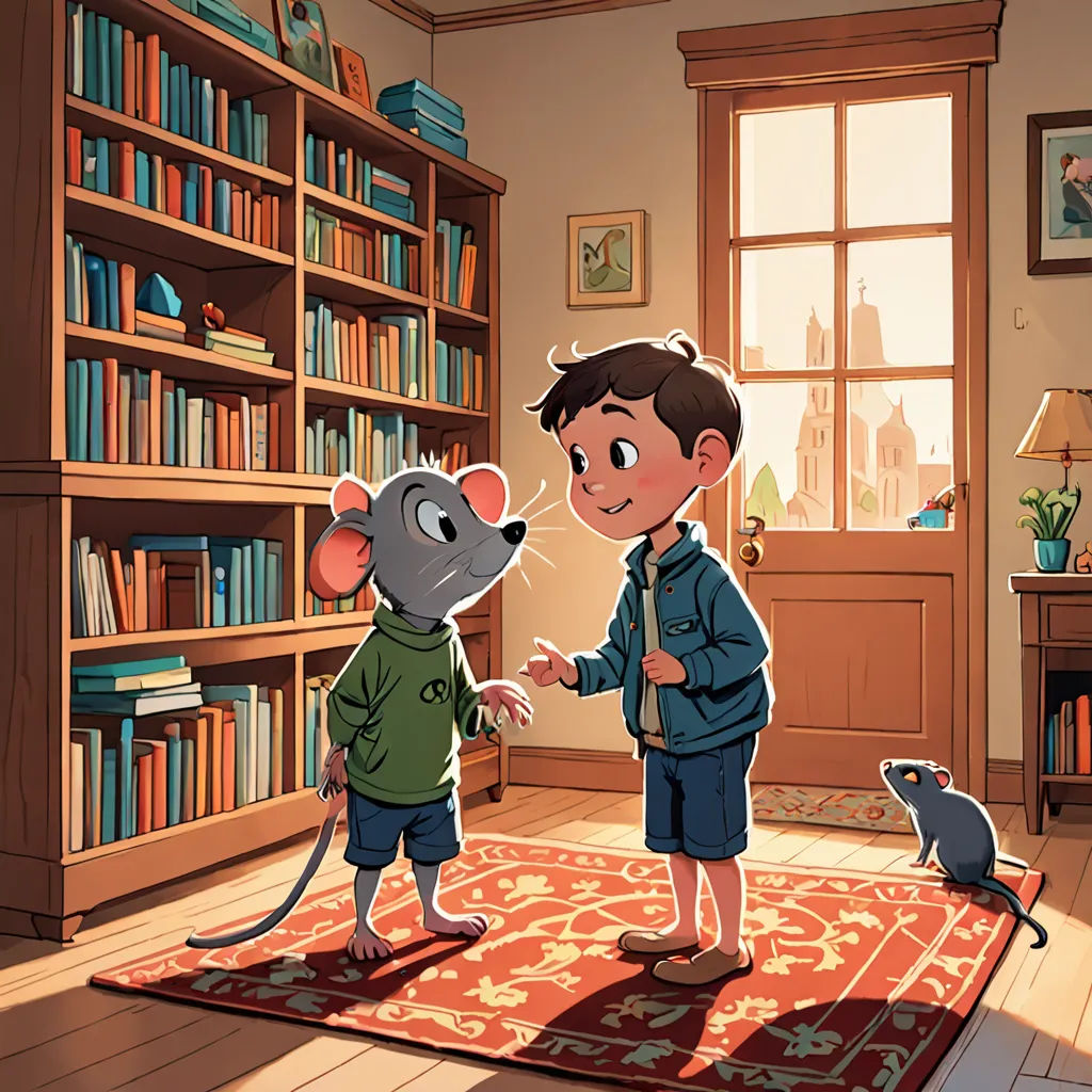 a boy and a mouse in a room with bookshelves and a rug on the floor and a bookcase, sots art, a storybook illustration, Diego Gisbert Llorens, storybook illustration