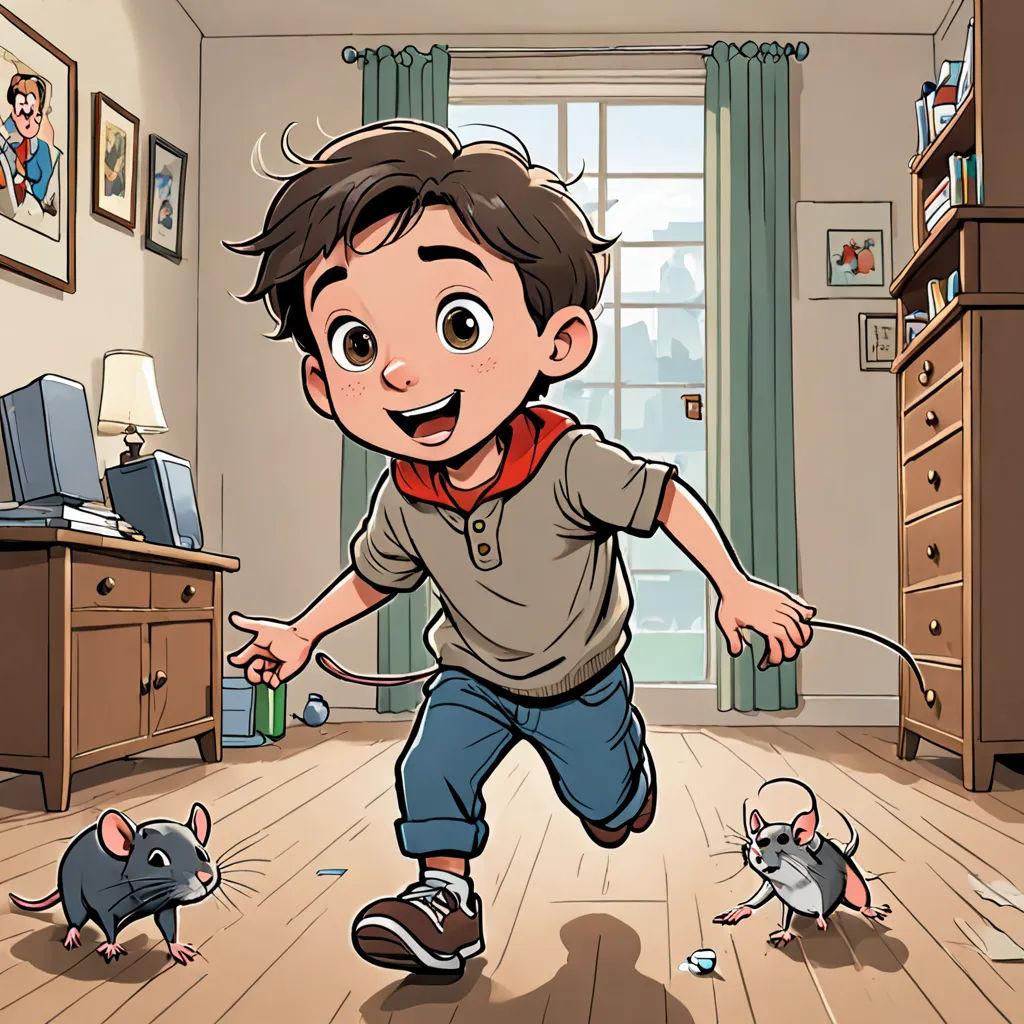 a boy is playing with mice in a room with a desk and a window with a curtain on it, sots art, a comic book panel, Cliff Childs, comic cover art