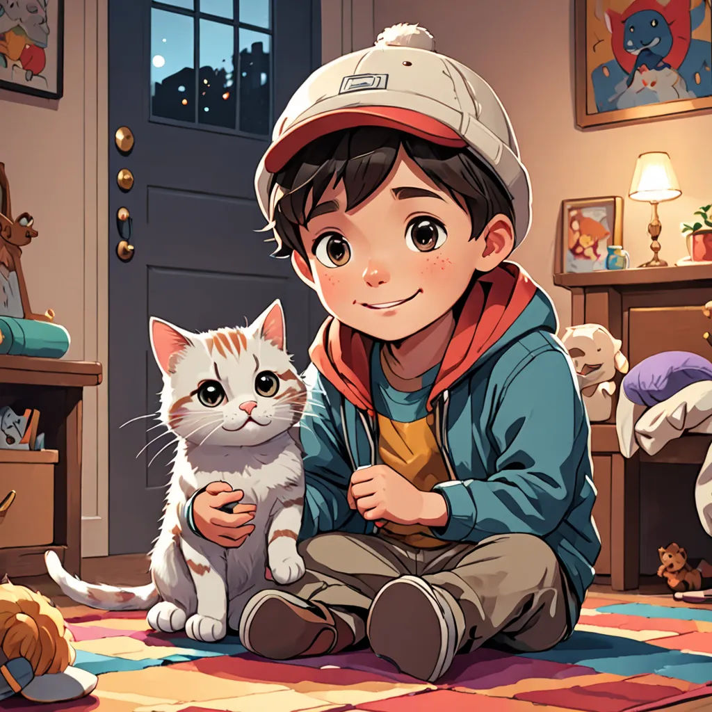 a boy sitting on the floor with a cat and a dog in front of him and a teddy bear, furry art, a storybook illustration, Diego Gisbert Llorens, key art