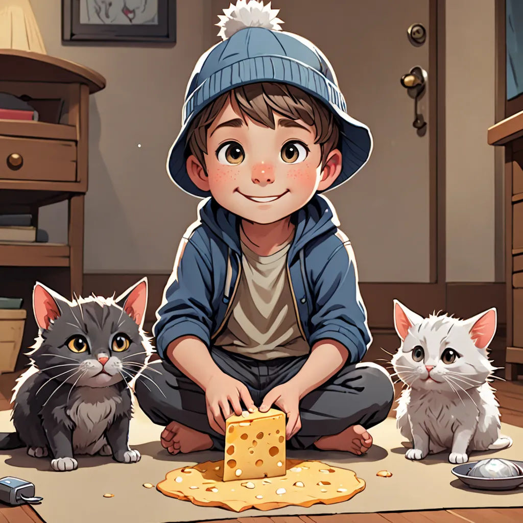 a boy sitting on the floor with three cats and cheese on the floor next to him and a mouse, sots art, a storybook illustration, Alejandro Burdisio, comic cover art