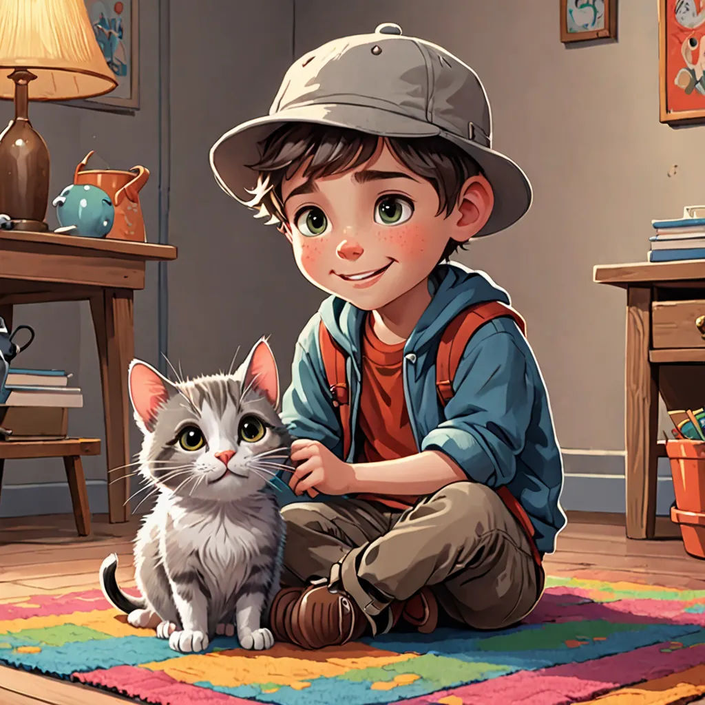 a boy sitting on the floor with a cat in front of him and a lamp on the table behind him, photorealism, a storybook illustration, Diego Gisbert Llorens, storybook illustration