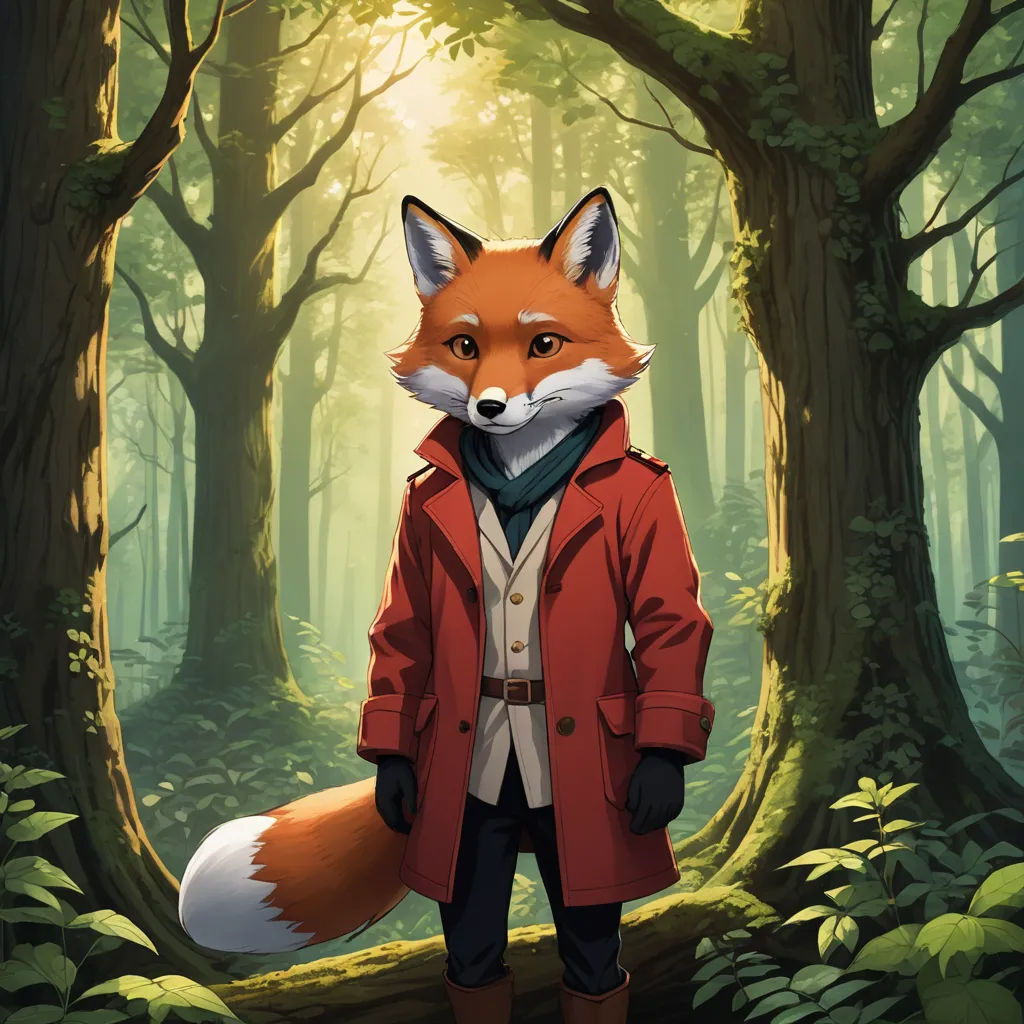 a fox in a red coat standing in a forest with trees and bushes around it, with a red coat on, furry art, a character portrait, Aaron Jasinski, official art
