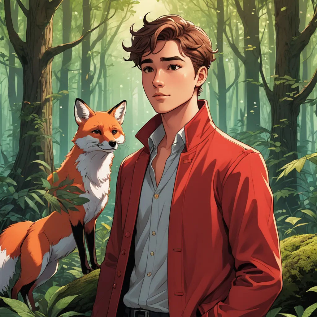 a man standing in a forest next to a fox and a forest background with trees and bushes, with a red jacket on, sots art, a character portrait, Cedric Seaut (Keos Masons), official art