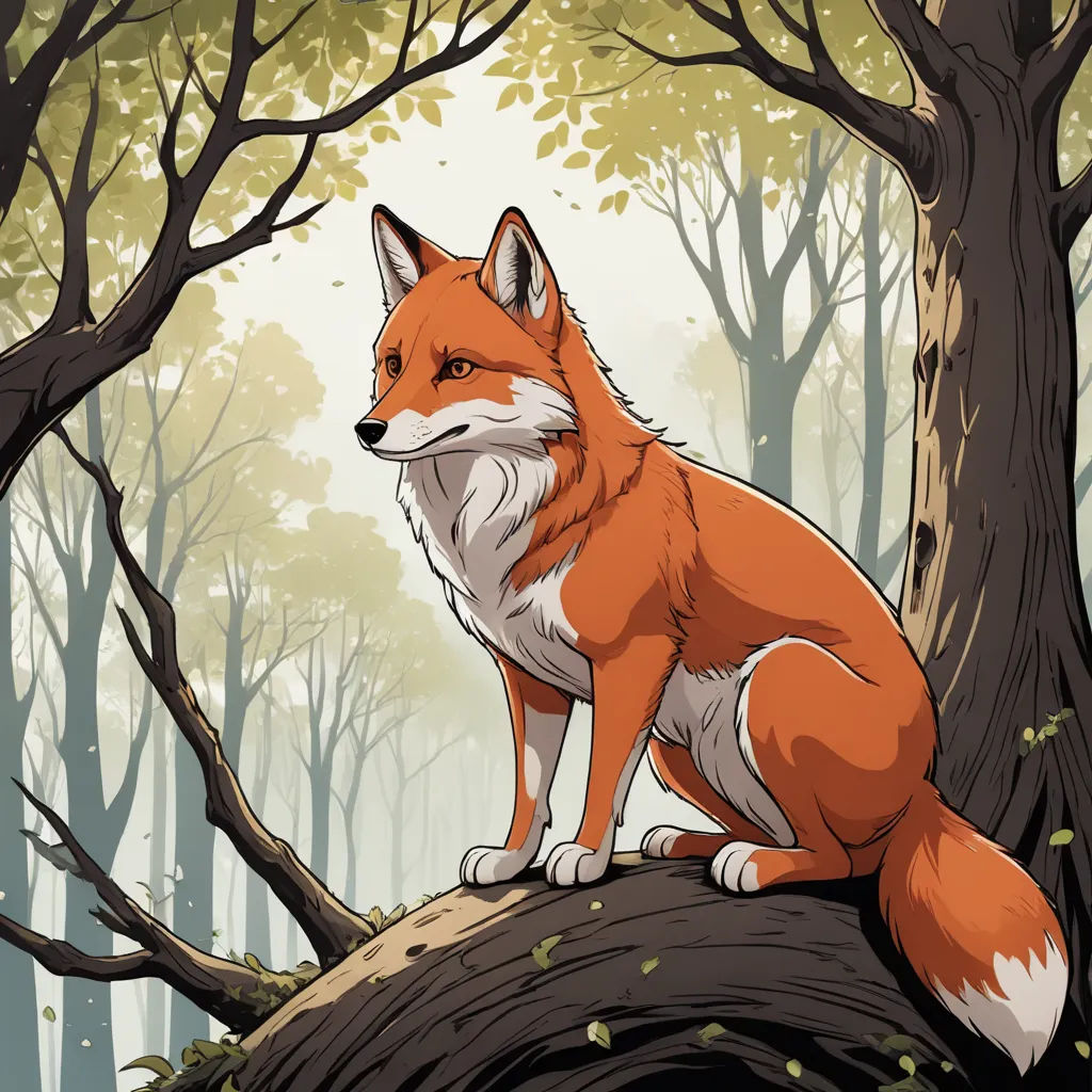 a red fox sitting on a tree branch in a forest with trees and leaves around it, looking to the side, furry art, a storybook illustration, Dan Mumford, josan gonzales and dan mumford