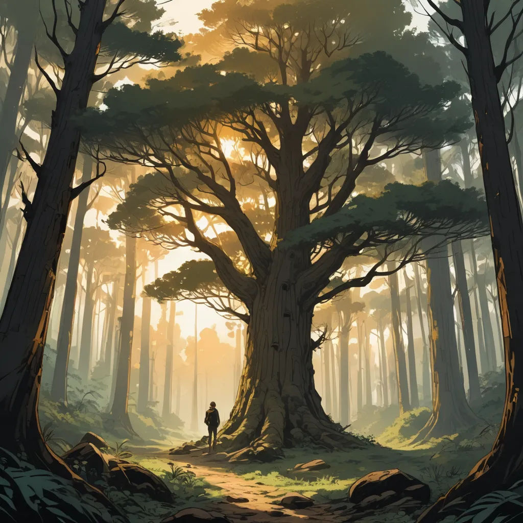 a man standing in the middle of a forest next to a tall tree with a man standing on it, fantasy art, a detailed matte painting, Dan Mumford, forest
