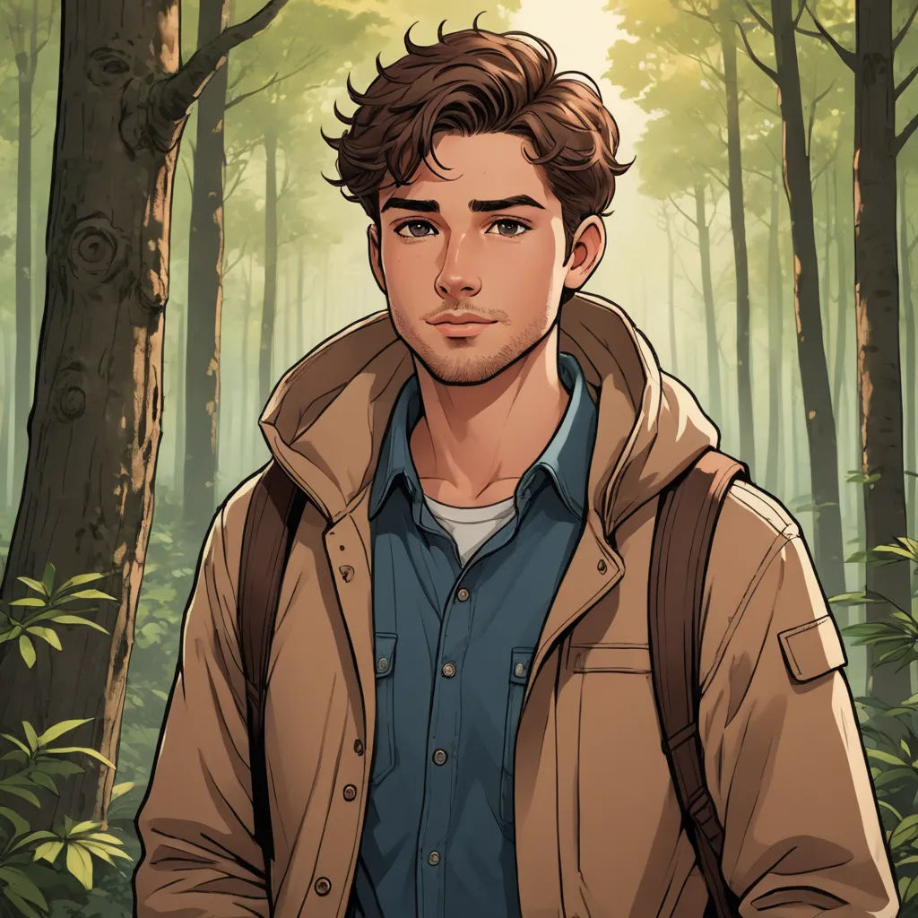 a man in a jacket standing in a forest with trees and bushes behind him, looking at the camera, sots art, a character portrait, Cedric Seaut (Keos Masons), kinkade