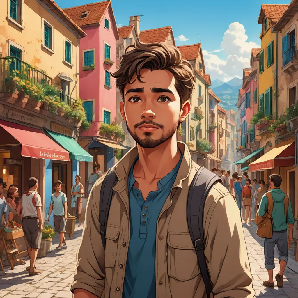 a man standing in front of a street with a backpack on his shoulder and people walking around him on a sunny day, serial art, a character portrait, Cedric Seaut (Keos Masons), rossdraws global illumination