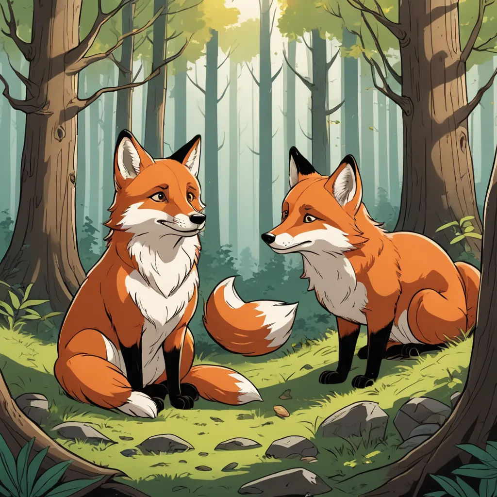 a couple of foxes sitting in the woods next to each other on a sunny day with the sun shining through the trees, furry art, a storybook illustration, Dan Mumford, official art