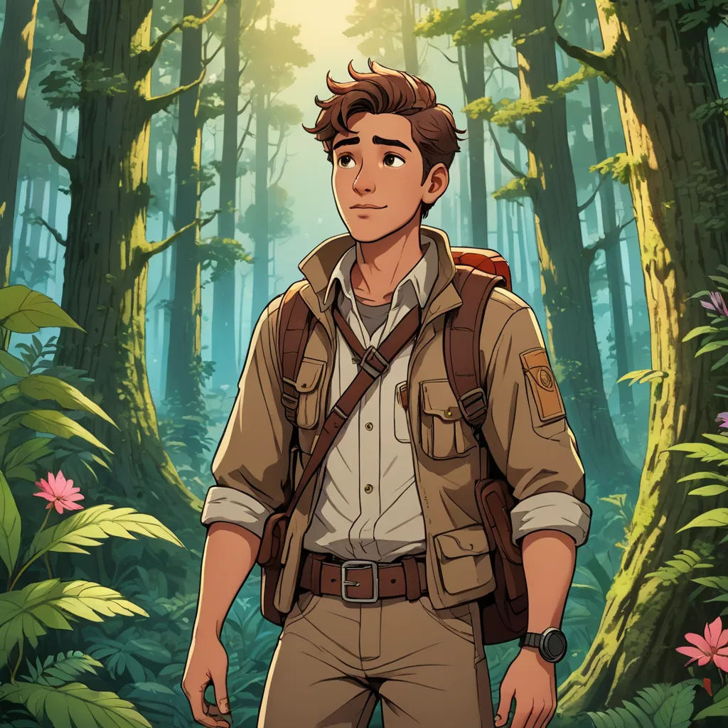 a man in a forest with a backpack on his back and a backpack on his shoulder, standing in front of a tree, sots art, a character portrait, Cedric Seaut (Keos Masons), official art