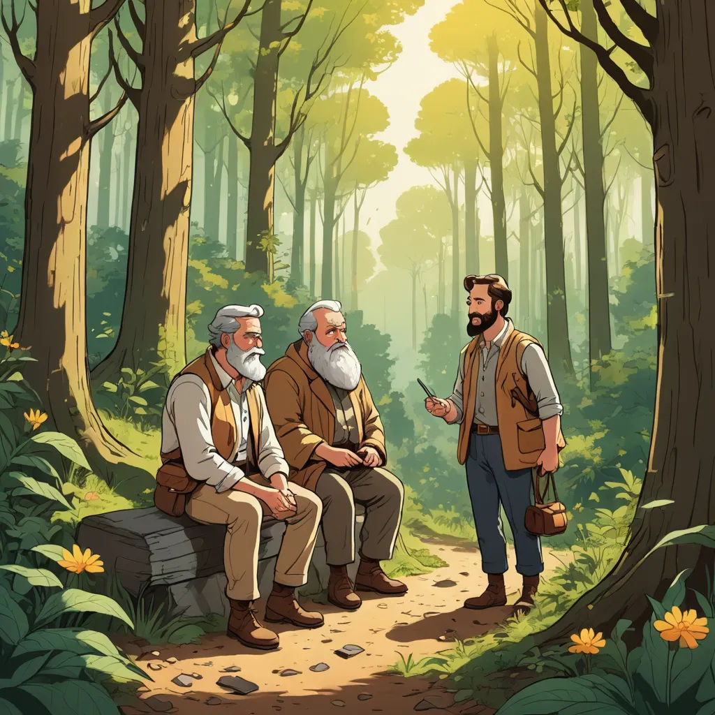 three men sitting on a bench in the woods talking to each other and one man standing in the distance, naturalism, a storybook illustration, Brothers Hildebrandt, storybook illustration