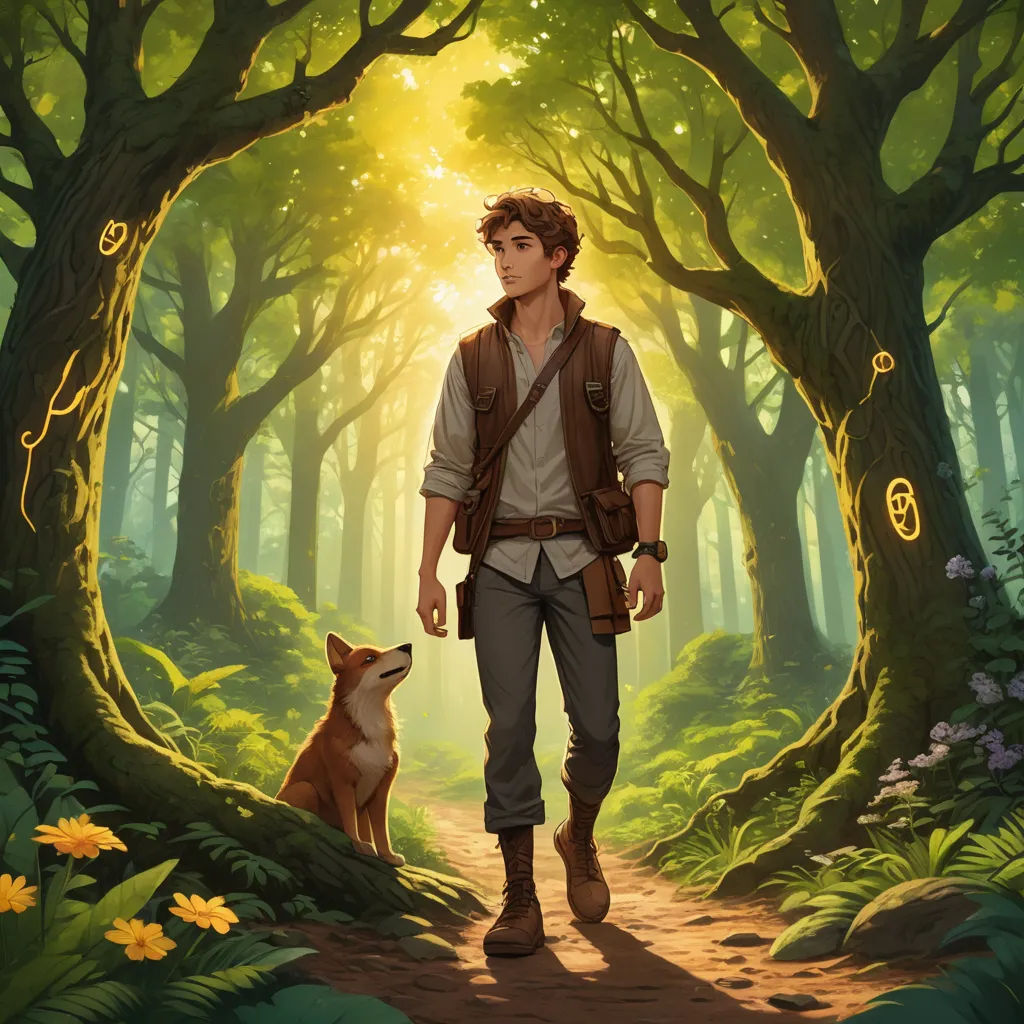 a man and a dog are walking through a forest with a light shining through the trees and a man is standing in the middle of the forest, fantasy art, a storybook illustration, Cedric Seaut (Keos Masons), official art