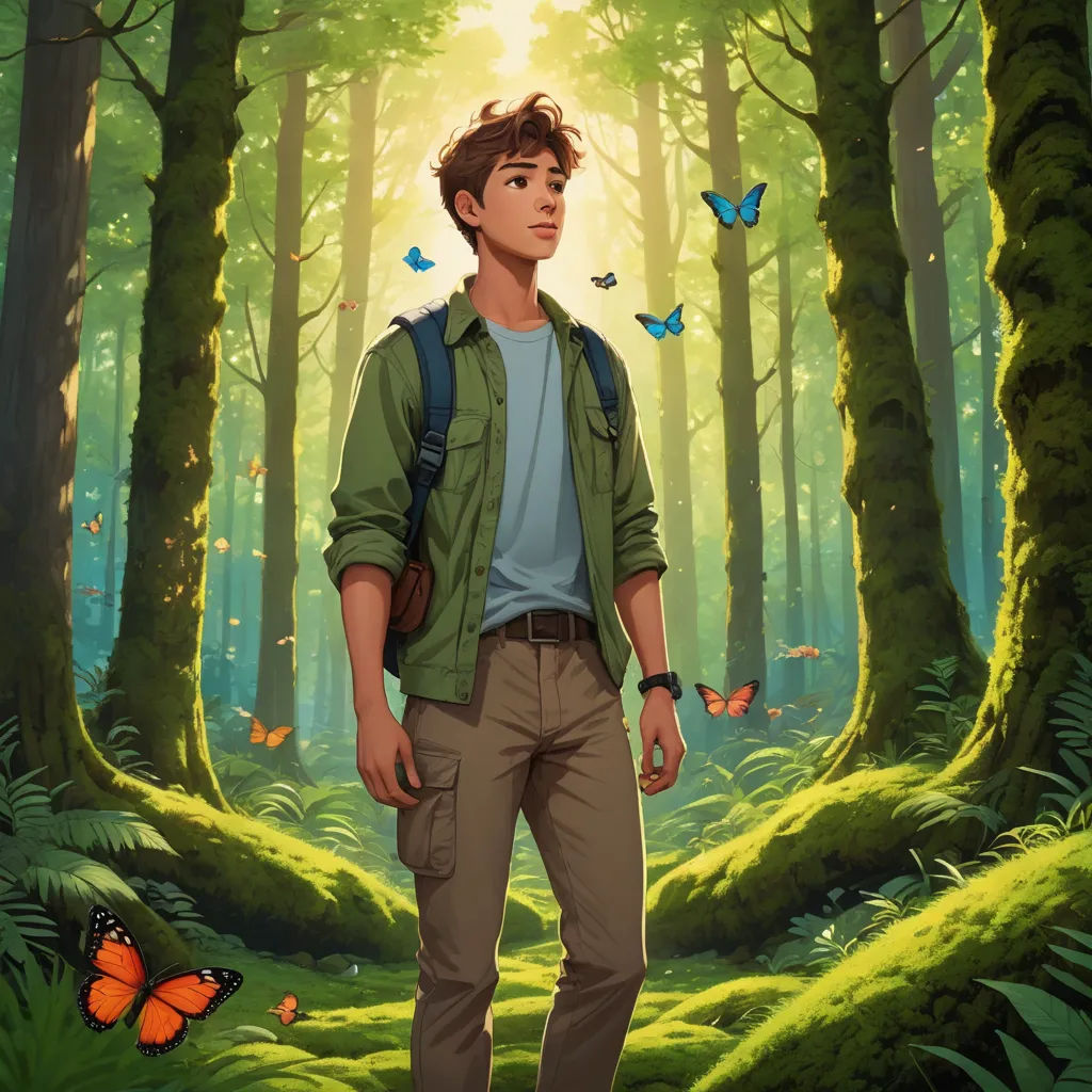 a man standing in a forest with a backpack on his back and butterflies flying around him on the ground, magical realism, a character portrait, Cedric Seaut (Keos Masons), key art