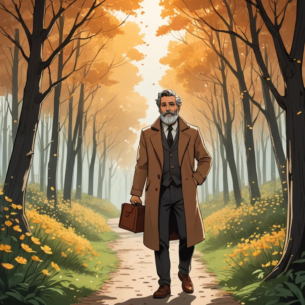 a man in a coat and tie walking down a path in a forest with trees and flowers on both sides, arts and crafts movement, a storybook illustration, Edmond Xavier Kapp, official art