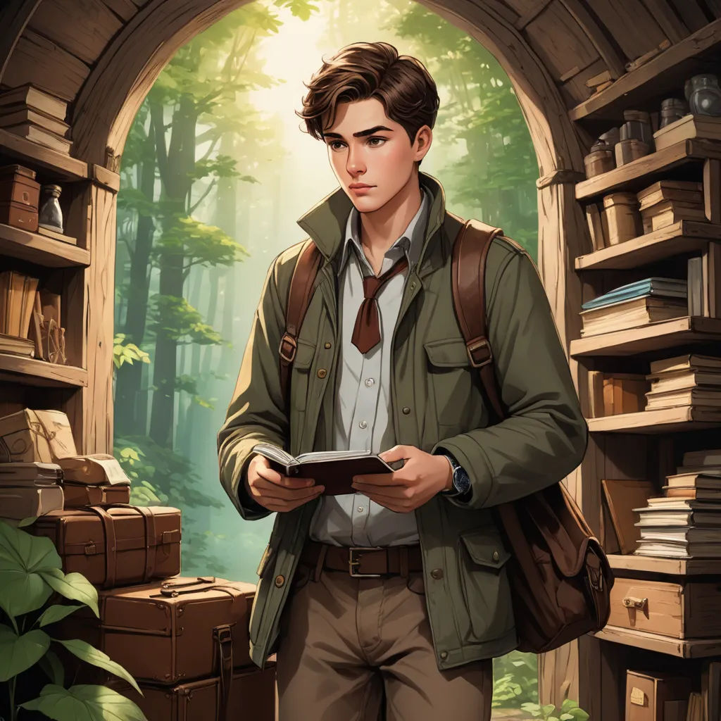 a man in a green jacket holding a tablet in a forest setting with a bookcase and bookshelves, sots art, a character portrait, Cedric Seaut (Keos Masons), official art