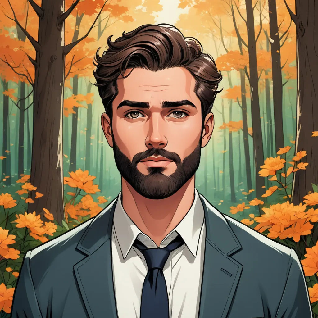 a man with a beard and a suit in a forest with yellow flowers and trees in the background,, serial art, a character portrait, Cedric Seaut (Keos Masons), character portrait