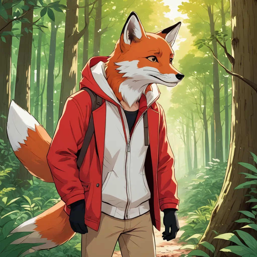 a man in a red jacket and a fox mask in a forest with trees and bushes behind him,, furry art, a character portrait, Cedric Seaut (Keos Masons), official art