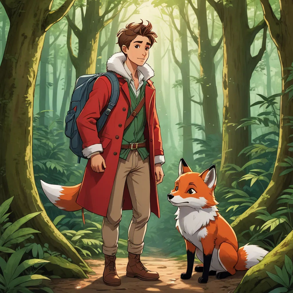 a man in a red coat and a fox in a forest with trees and bushes behind him, with a backpack on his shoulder, sots art, a character portrait, Cliff Childs, official art