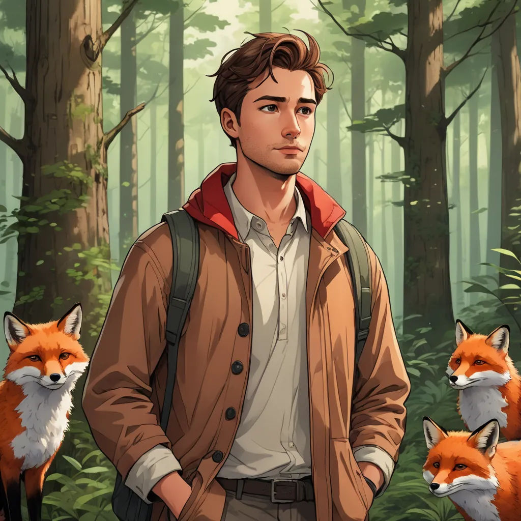 a man standing in a forest with two foxes behind him and a backpack on his back, with a red fox in the foreground, furry art, a character portrait, Cedric Seaut (Keos Masons), official art